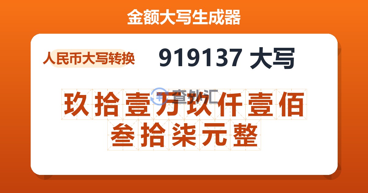 919137大写 玖拾壹万玖仟壹佰叁拾柒元整