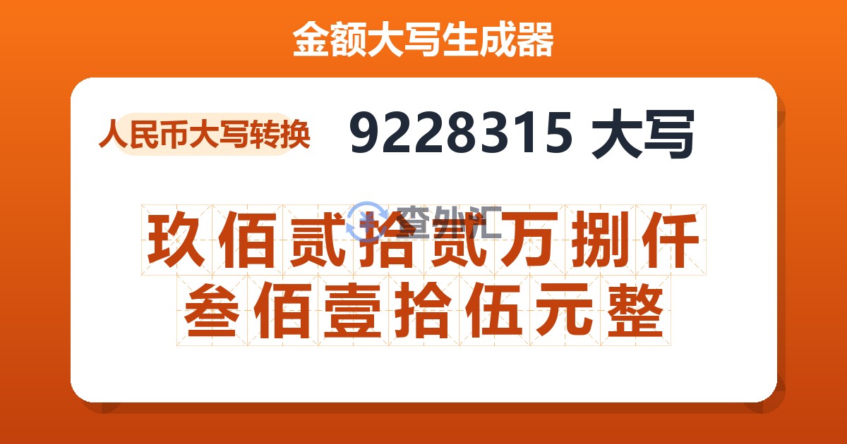 9228315大写 玖佰贰拾贰万捌仟叁佰壹拾伍元整