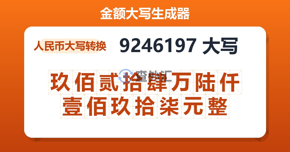 9246197大写 玖佰贰拾肆万陆仟壹佰玖拾柒元整