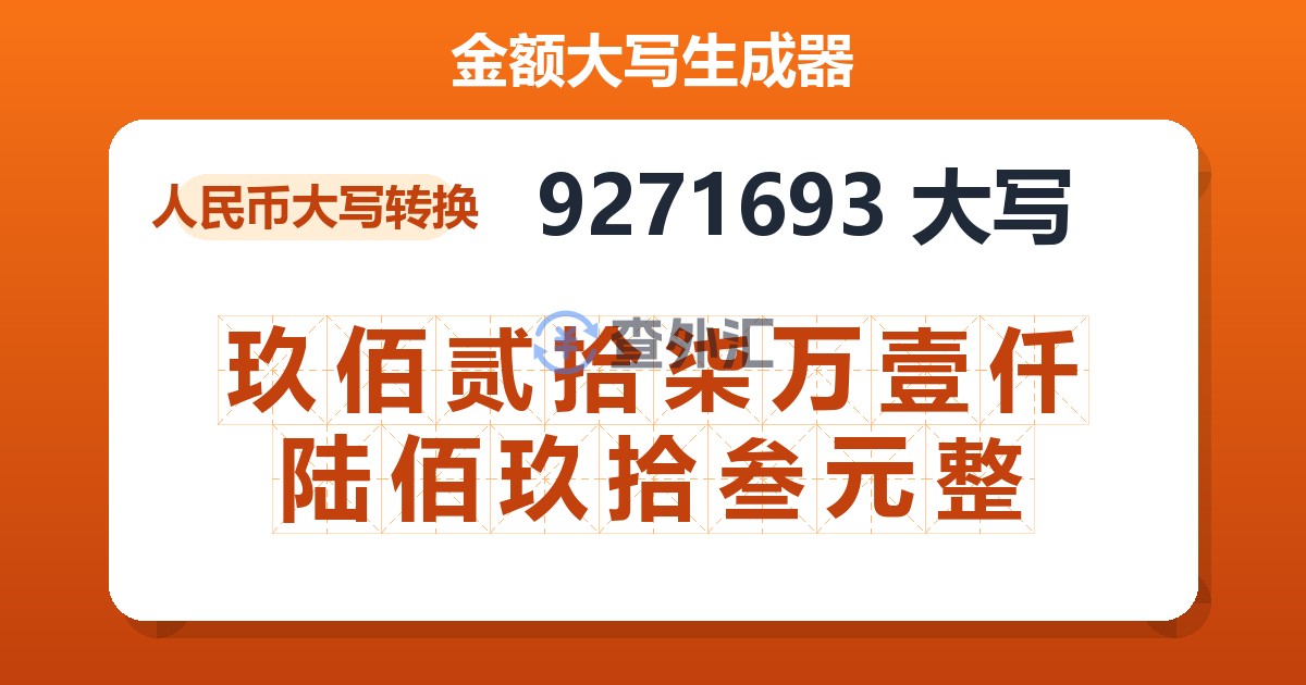9271693大写 玖佰贰拾柒万壹仟陆佰玖拾叁元整
