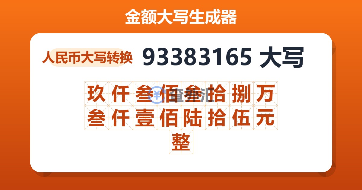 93383165大写 玖仟叁佰叁拾捌万叁仟壹佰陆拾伍元整