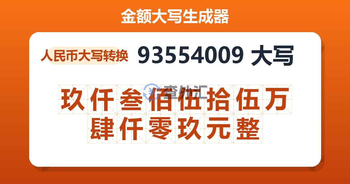 93554009大写 玖仟叁佰伍拾伍万肆仟零玖元整