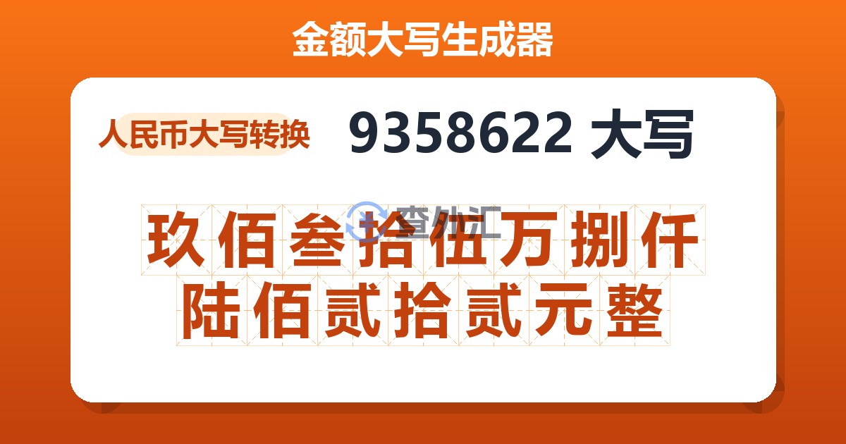 9358622大写 玖佰叁拾伍万捌仟陆佰贰拾贰元整