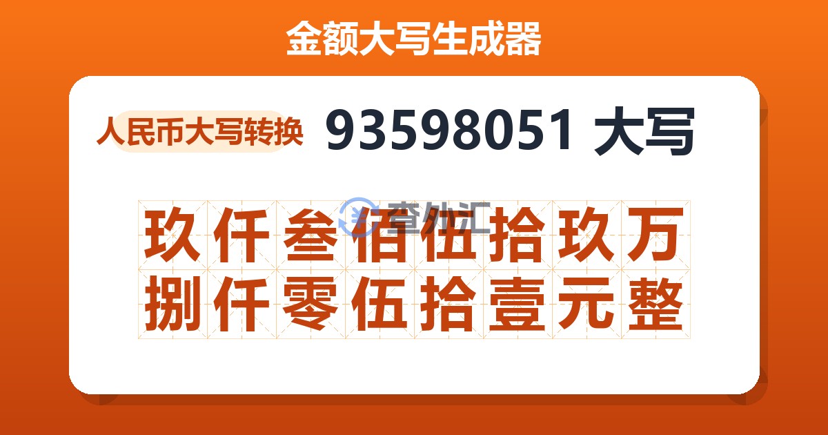 93598051大写 玖仟叁佰伍拾玖万捌仟零伍拾壹元整