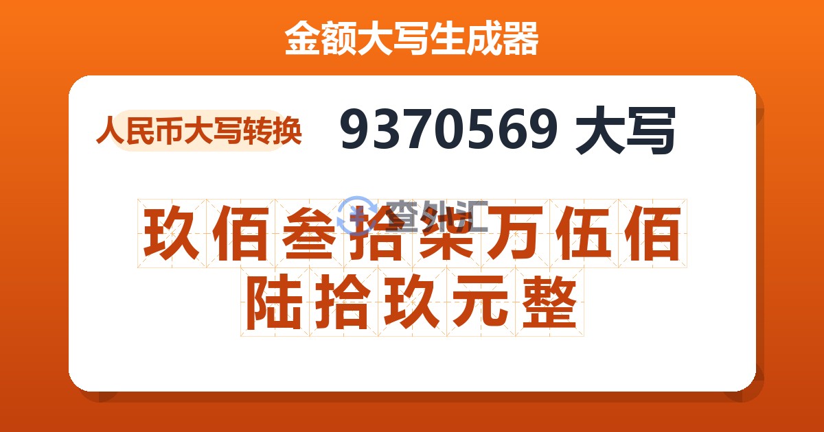 9370569大写 玖佰叁拾柒万伍佰陆拾玖元整