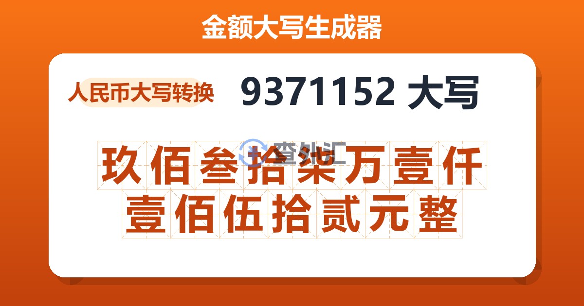 9371152大写 玖佰叁拾柒万壹仟壹佰伍拾贰元整