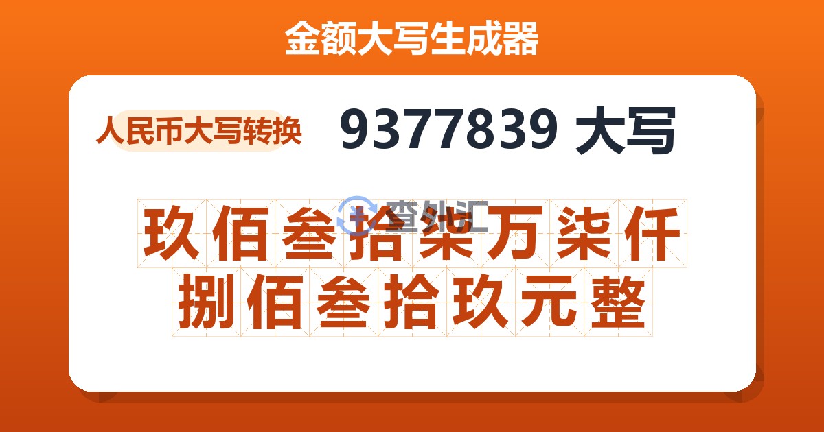 9377839大写 玖佰叁拾柒万柒仟捌佰叁拾玖元整