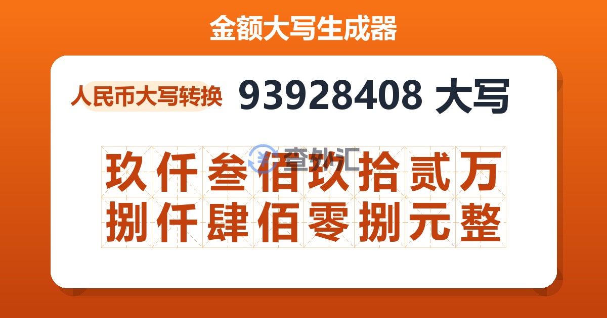 93928408大写 玖仟叁佰玖拾贰万捌仟肆佰零捌元整