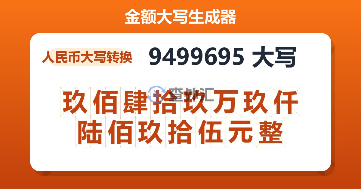 9499695大写 玖佰肆拾玖万玖仟陆佰玖拾伍元整