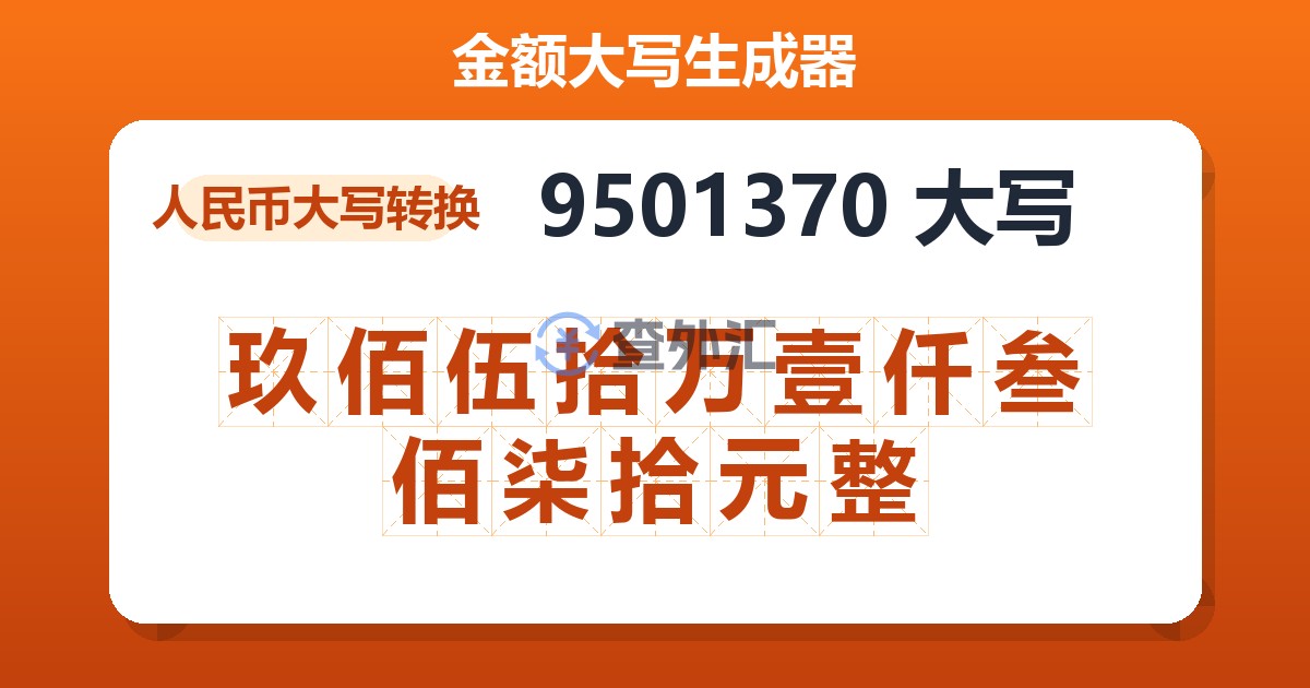 9501370大写 玖佰伍拾万壹仟叁佰柒拾元整