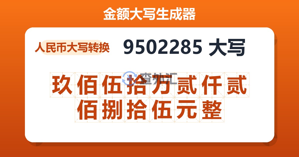 9502285大写 玖佰伍拾万贰仟贰佰捌拾伍元整