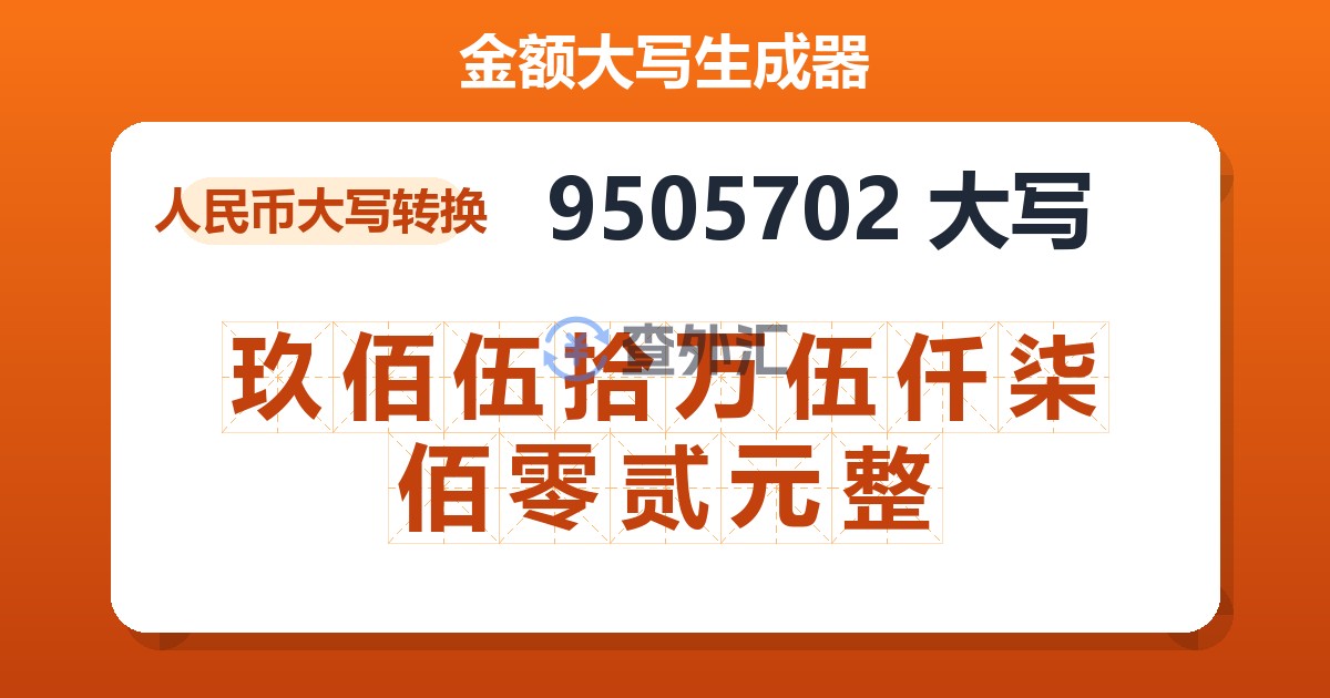9505702大写 玖佰伍拾万伍仟柒佰零贰元整