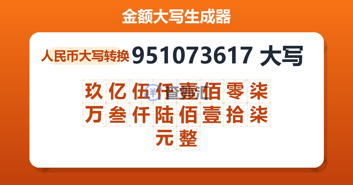 951073617大写 玖亿伍仟壹佰零柒万叁仟陆佰壹拾柒元整