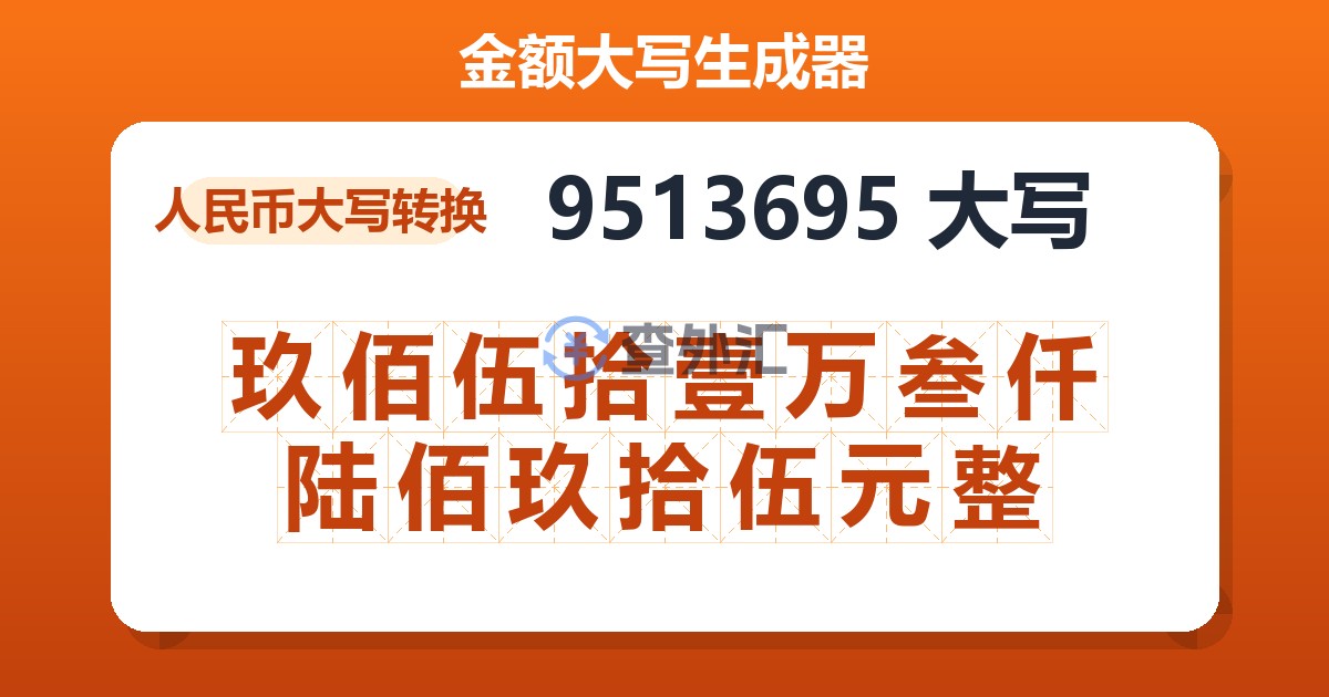 9513695大写 玖佰伍拾壹万叁仟陆佰玖拾伍元整