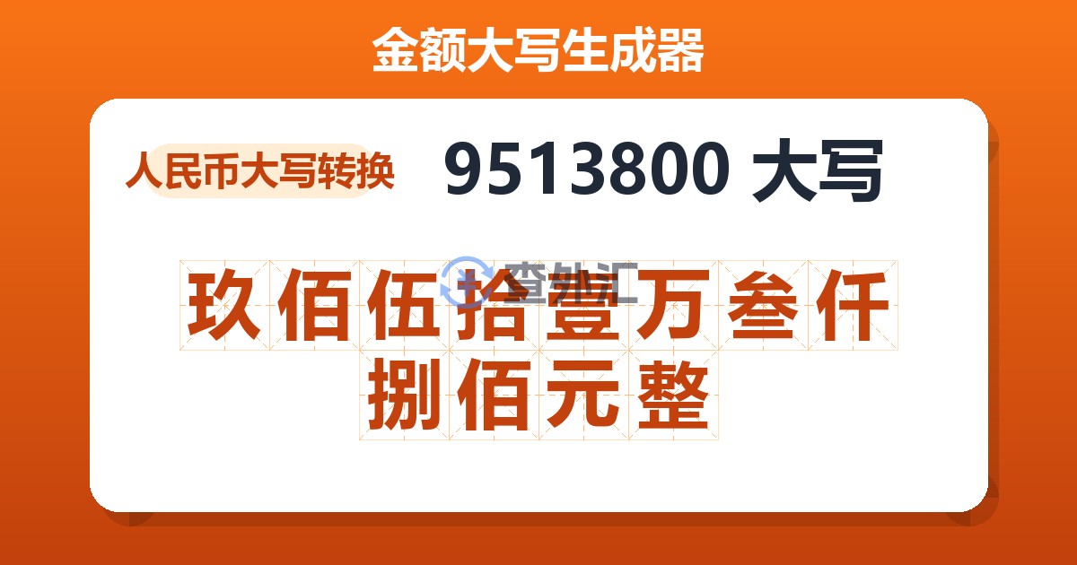 9513800大写 玖佰伍拾壹万叁仟捌佰元整