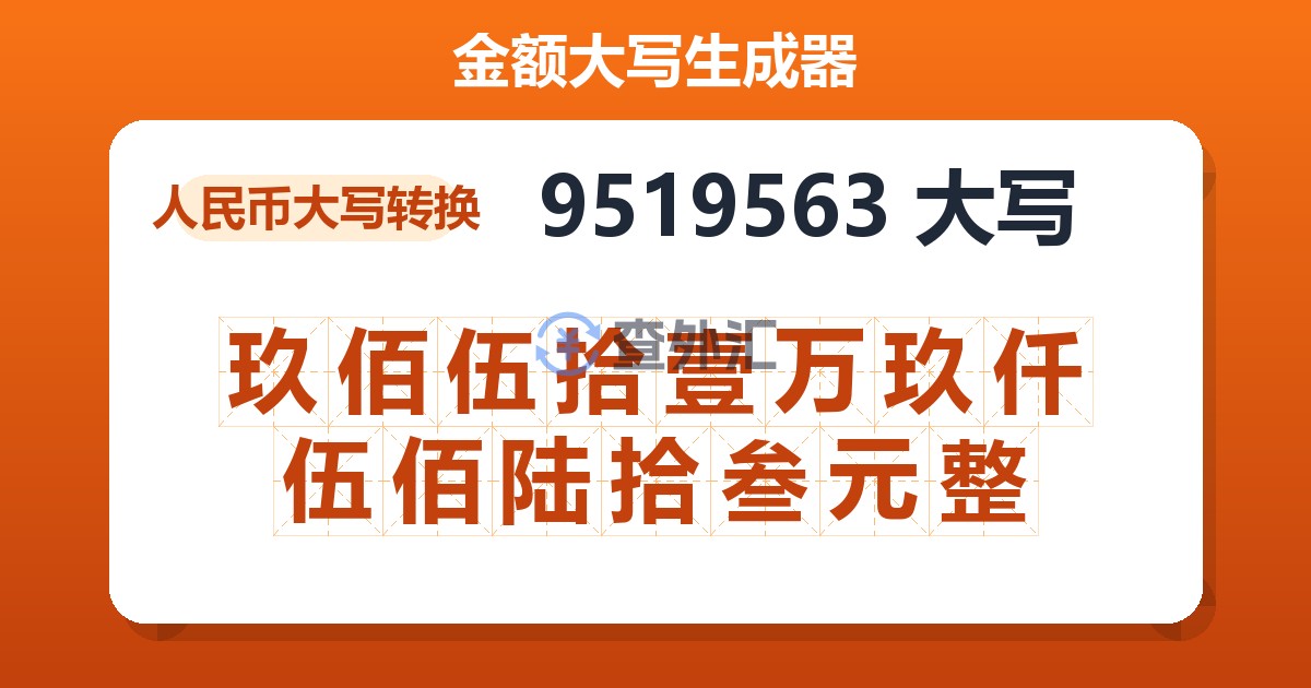 9519563大写 玖佰伍拾壹万玖仟伍佰陆拾叁元整