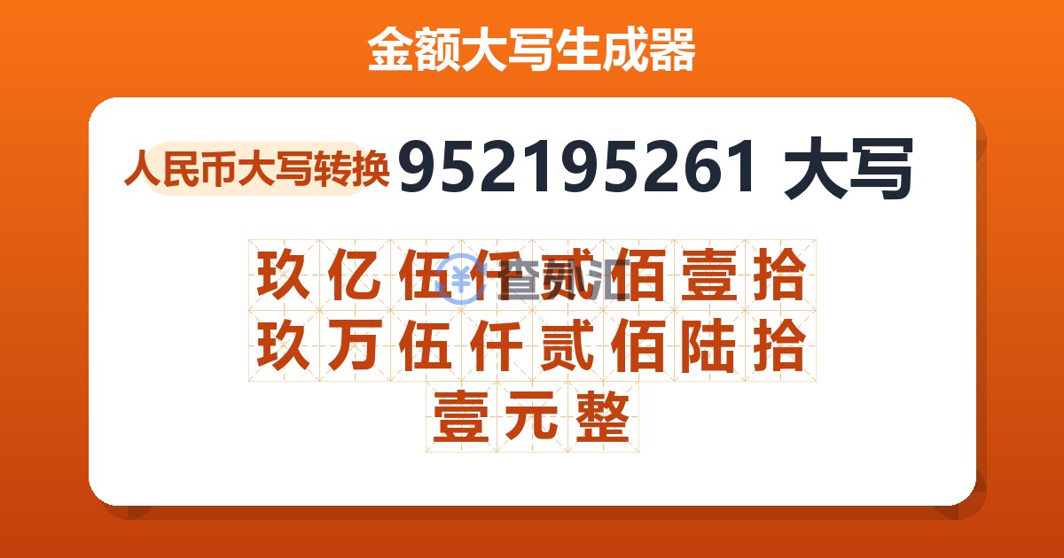 952195261大写 玖亿伍仟贰佰壹拾玖万伍仟贰佰陆拾壹元整