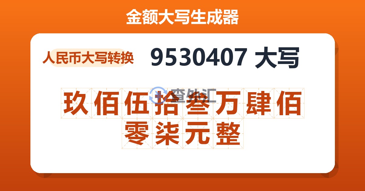9530407大写 玖佰伍拾叁万肆佰零柒元整