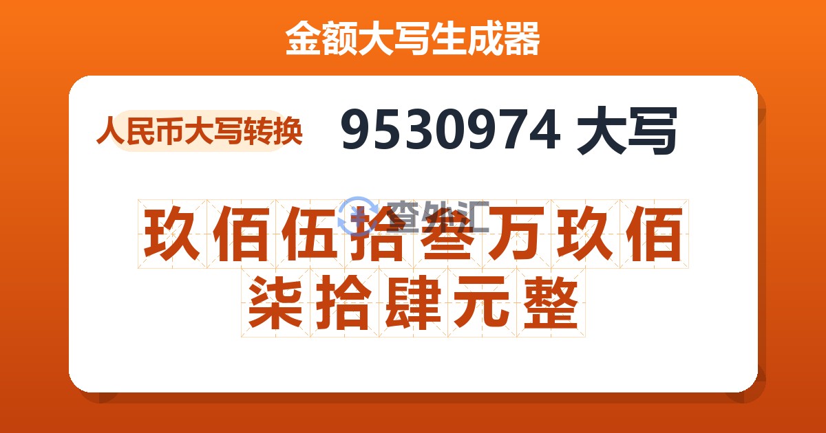 9530974大写 玖佰伍拾叁万玖佰柒拾肆元整