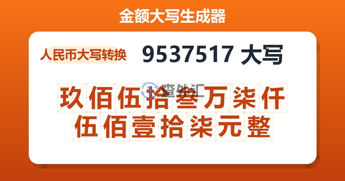 9537517大写 玖佰伍拾叁万柒仟伍佰壹拾柒元整