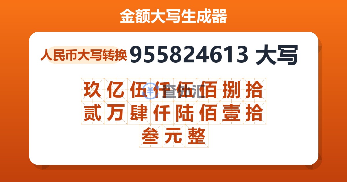 955824613大写 玖亿伍仟伍佰捌拾贰万肆仟陆佰壹拾叁元整