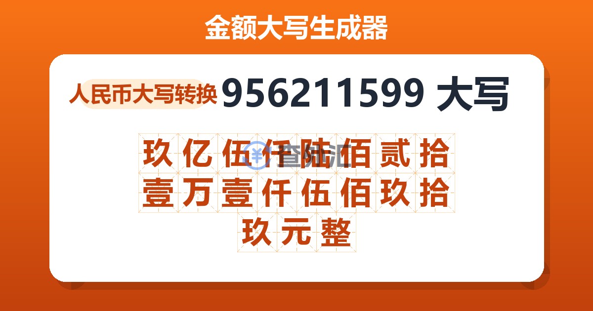 956211599大写 玖亿伍仟陆佰贰拾壹万壹仟伍佰玖拾玖元整