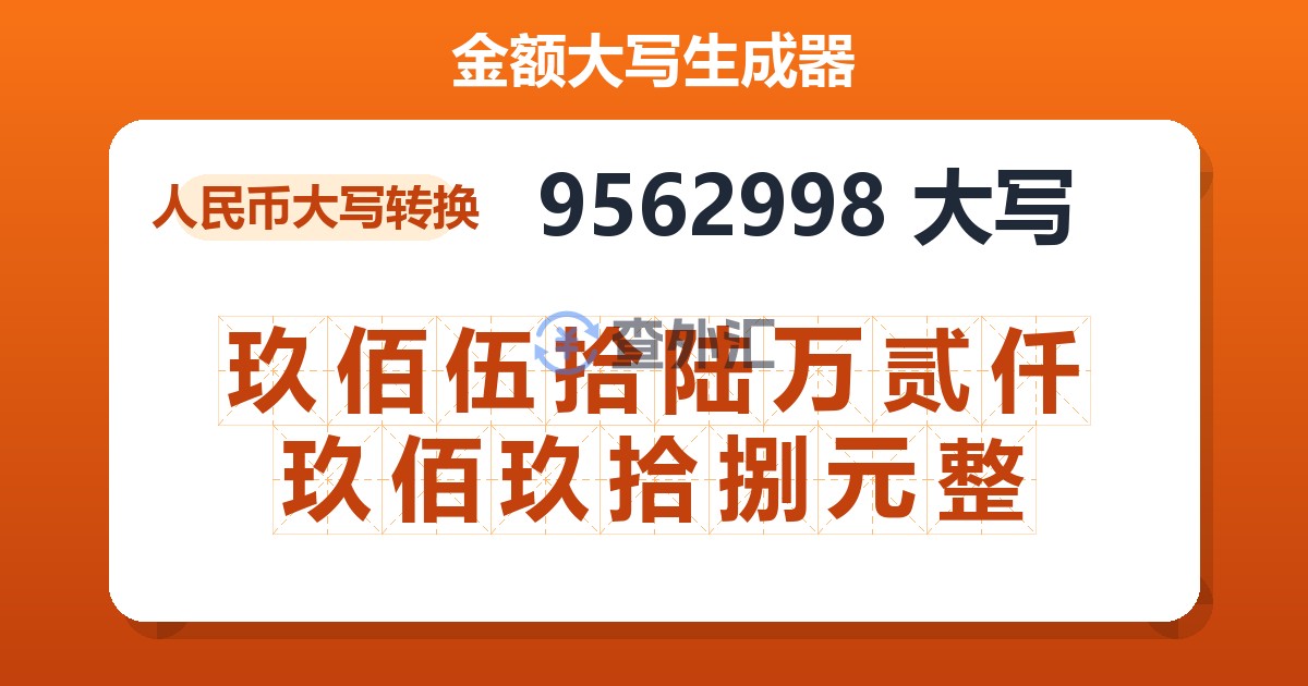 9562998大写 玖佰伍拾陆万贰仟玖佰玖拾捌元整