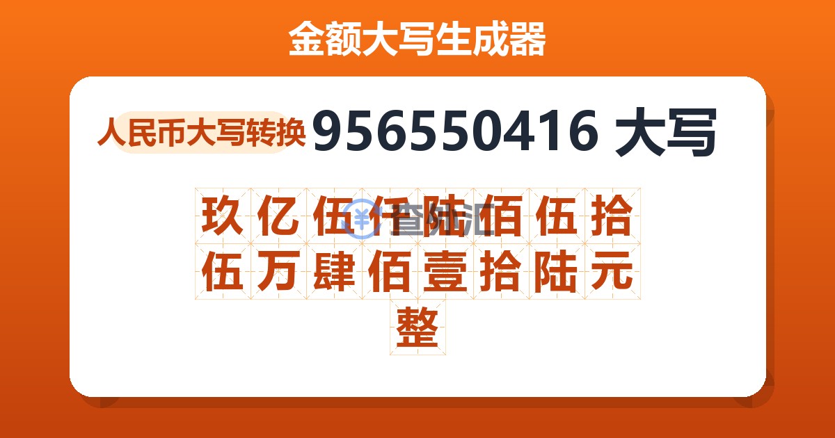 956550416大写 玖亿伍仟陆佰伍拾伍万肆佰壹拾陆元整