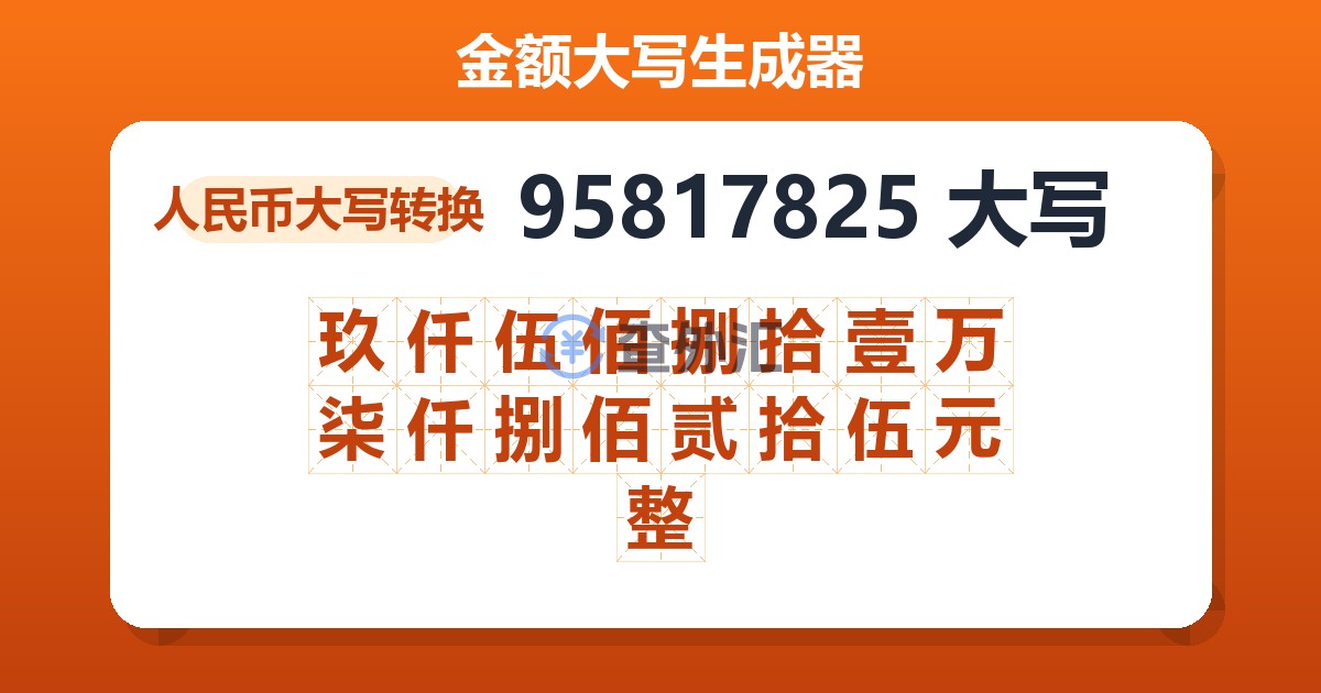 95817825大写 玖仟伍佰捌拾壹万柒仟捌佰贰拾伍元整