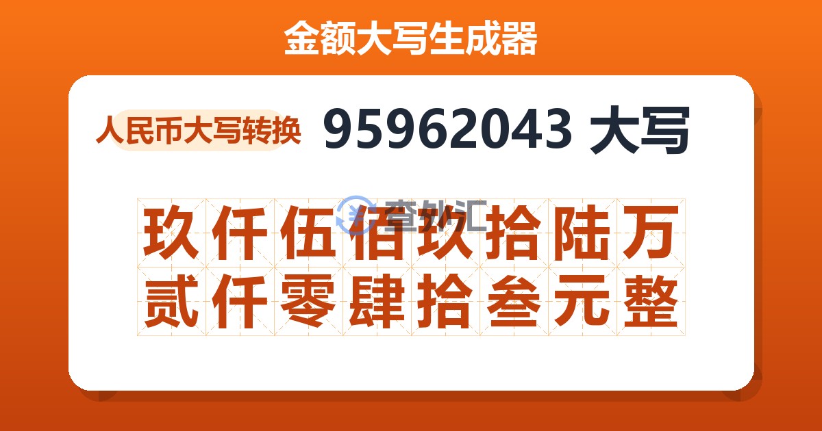 95962043大写 玖仟伍佰玖拾陆万贰仟零肆拾叁元整