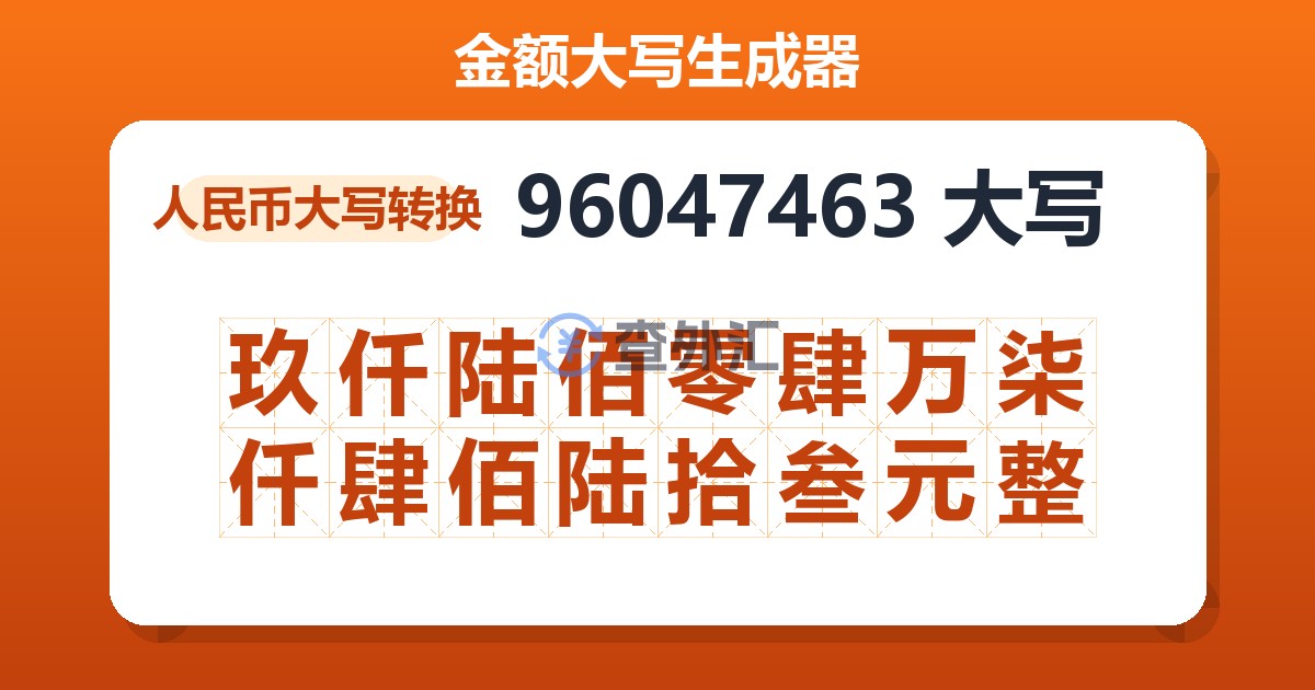 96047463大写 玖仟陆佰零肆万柒仟肆佰陆拾叁元整