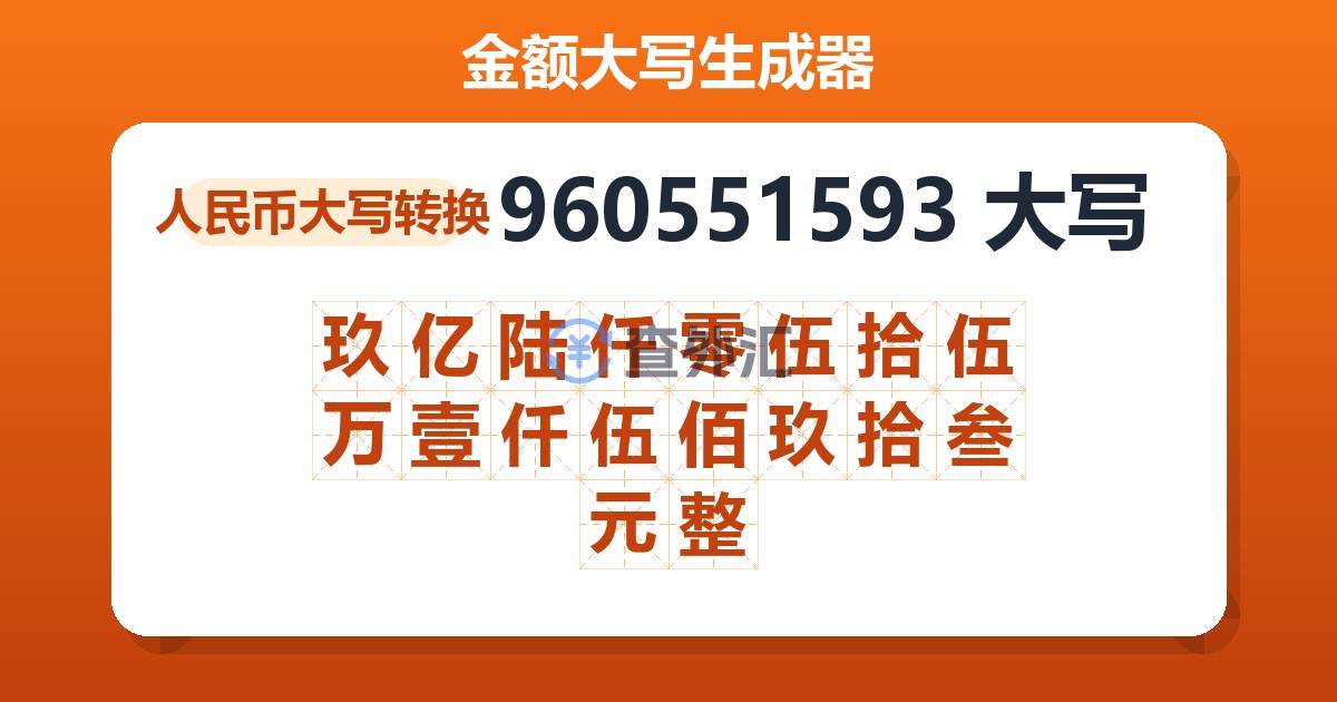 960551593大写 玖亿陆仟零伍拾伍万壹仟伍佰玖拾叁元整
