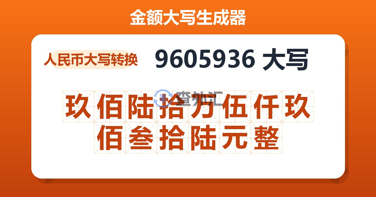 9605936大写 玖佰陆拾万伍仟玖佰叁拾陆元整