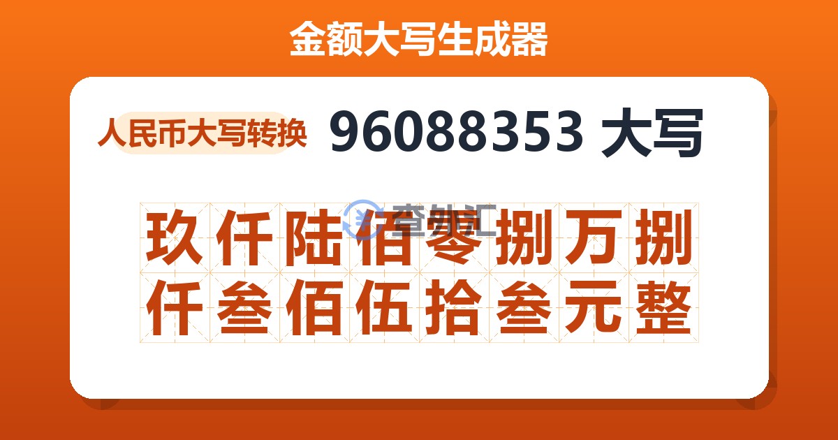 96088353大写 玖仟陆佰零捌万捌仟叁佰伍拾叁元整