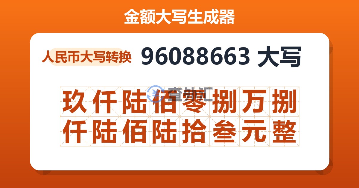 96088663大写 玖仟陆佰零捌万捌仟陆佰陆拾叁元整
