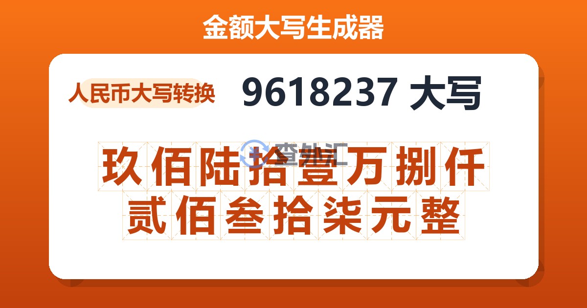 9618237大写 玖佰陆拾壹万捌仟贰佰叁拾柒元整