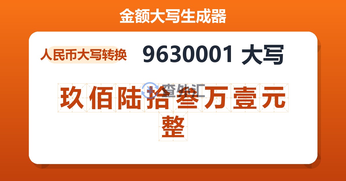 9630001大写 玖佰陆拾叁万壹元整