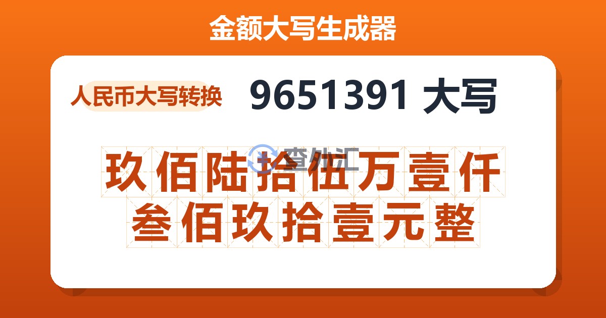 9651391大写 玖佰陆拾伍万壹仟叁佰玖拾壹元整