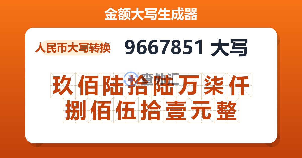 9667851大写 玖佰陆拾陆万柒仟捌佰伍拾壹元整