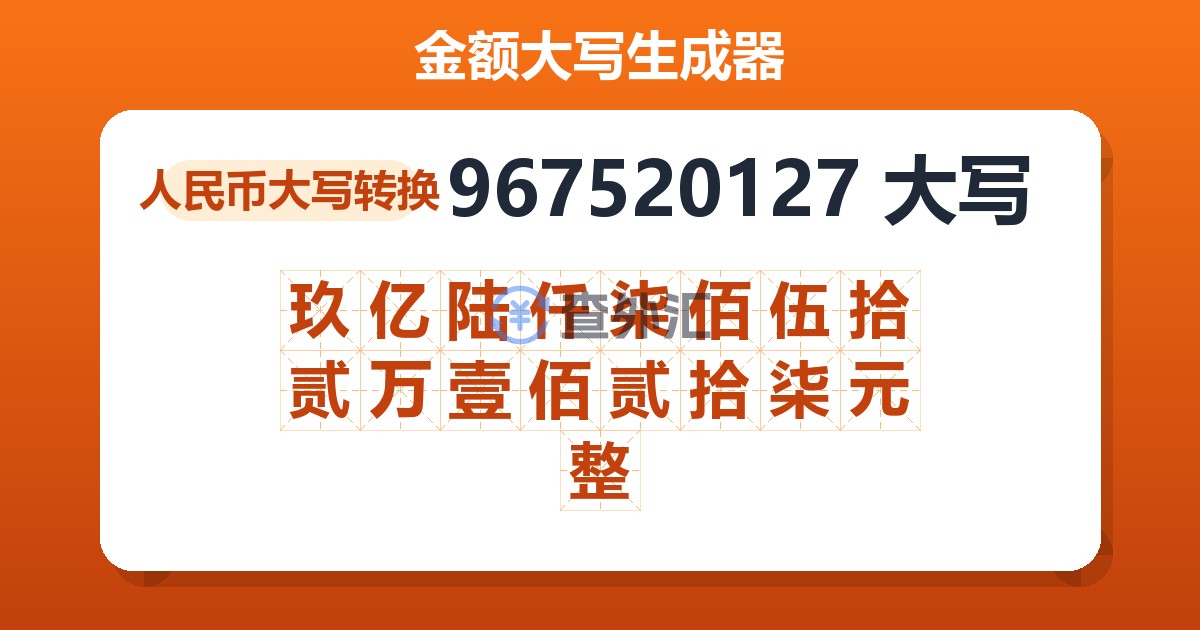 967520127大写 玖亿陆仟柒佰伍拾贰万壹佰贰拾柒元整