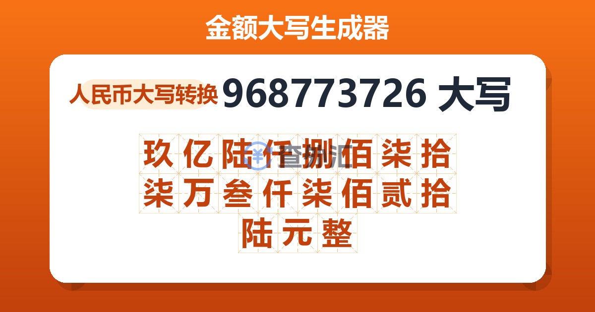 968773726大写 玖亿陆仟捌佰柒拾柒万叁仟柒佰贰拾陆元整