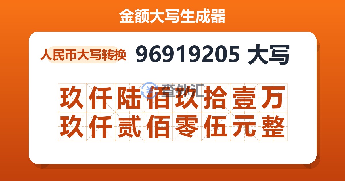96919205大写 玖仟陆佰玖拾壹万玖仟贰佰零伍元整
