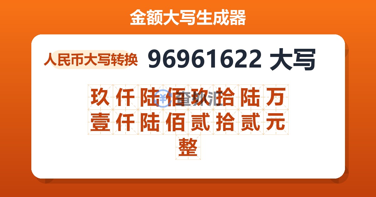 96961622大写 玖仟陆佰玖拾陆万壹仟陆佰贰拾贰元整