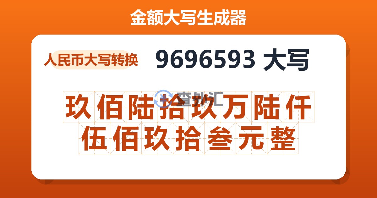 9696593大写 玖佰陆拾玖万陆仟伍佰玖拾叁元整
