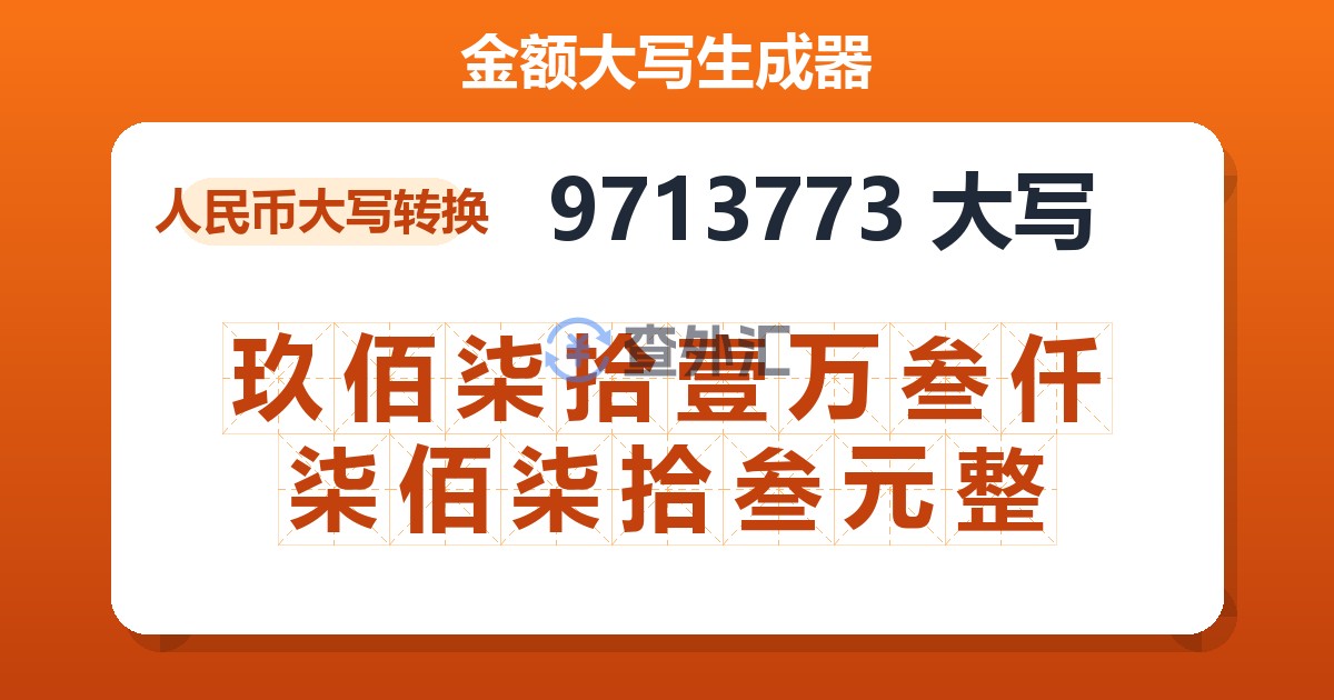 9713773大写 玖佰柒拾壹万叁仟柒佰柒拾叁元整