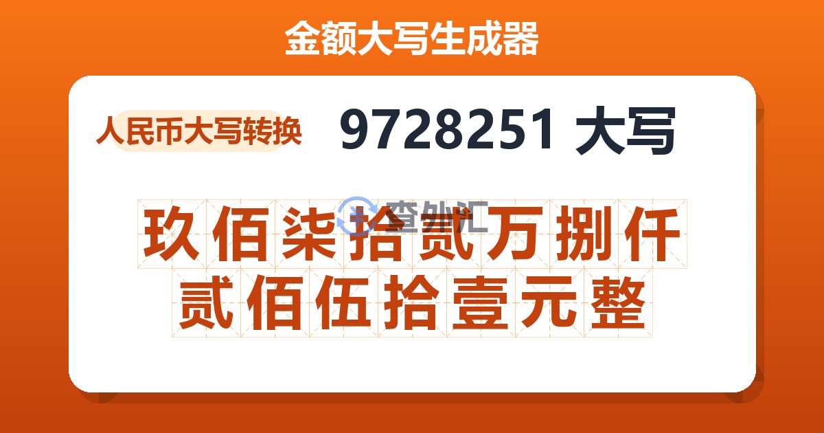 9728251大写 玖佰柒拾贰万捌仟贰佰伍拾壹元整