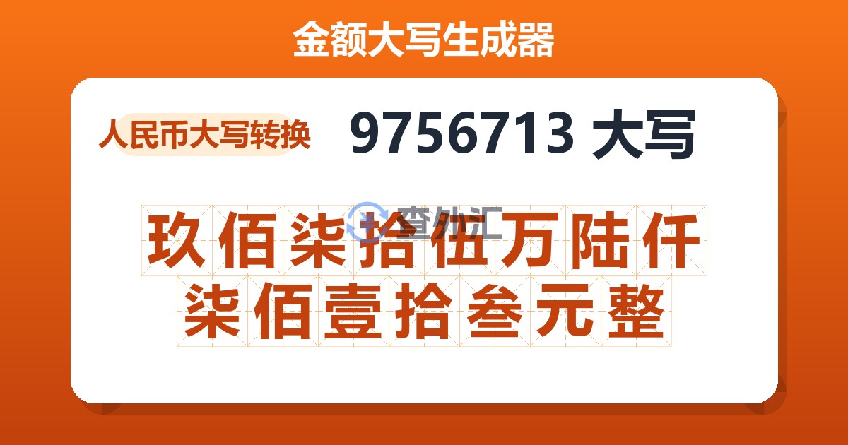 9756713大写 玖佰柒拾伍万陆仟柒佰壹拾叁元整
