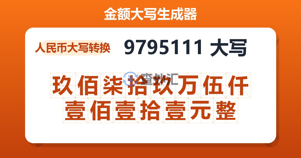 9795111大写 玖佰柒拾玖万伍仟壹佰壹拾壹元整