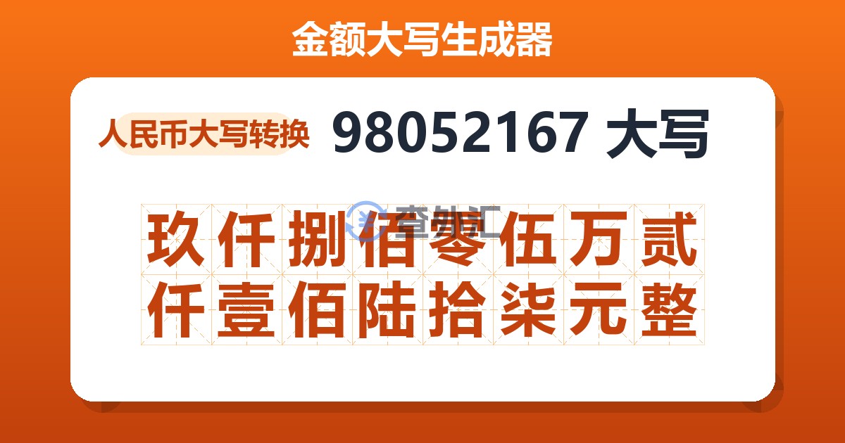 98052167大写 玖仟捌佰零伍万贰仟壹佰陆拾柒元整