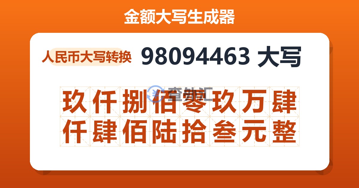 98094463大写 玖仟捌佰零玖万肆仟肆佰陆拾叁元整